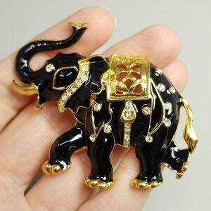 Vintage Elephant Brooch, Black Enamel Rhinestone Gold Tone, Trunk Up Lapel Pin
